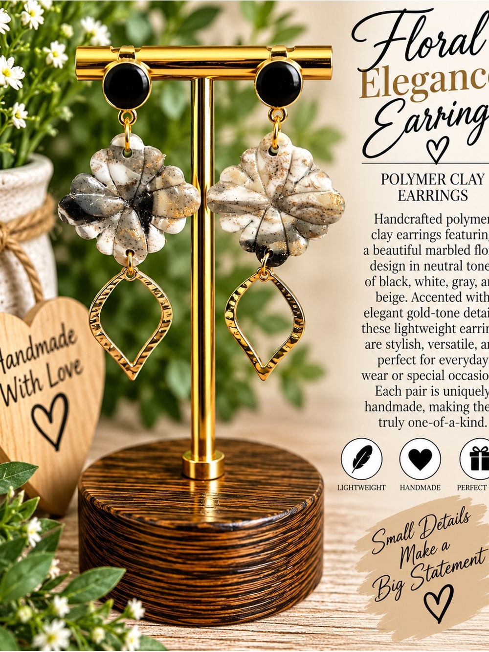 Handcrafted Floral Marble Drop Earrings in Neutral Beige & Black